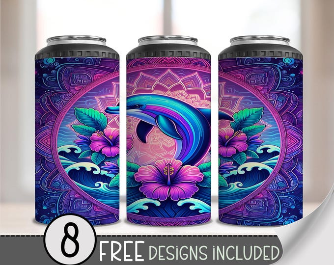 Neon Dolphin 4 in 1 Can Cooler Wrap, Tropical Mandala 4in1 Tumbler PNG,Colorful Beach PNG 16oz Sublimation Design,Boho Summer Can Wrap, A225