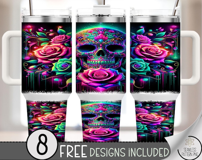 Neon Glow Skull 40 oz Tumbler Wrap PNG, Spooky Digital Download, Vibrant Sublimation Design, A588