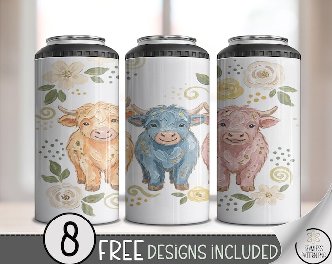 Baby Highland Cow 4in1 Can Cooler Wrap, Cute Sublimation Design, Pastel Floral 16 oz 4-in-1 File, B877