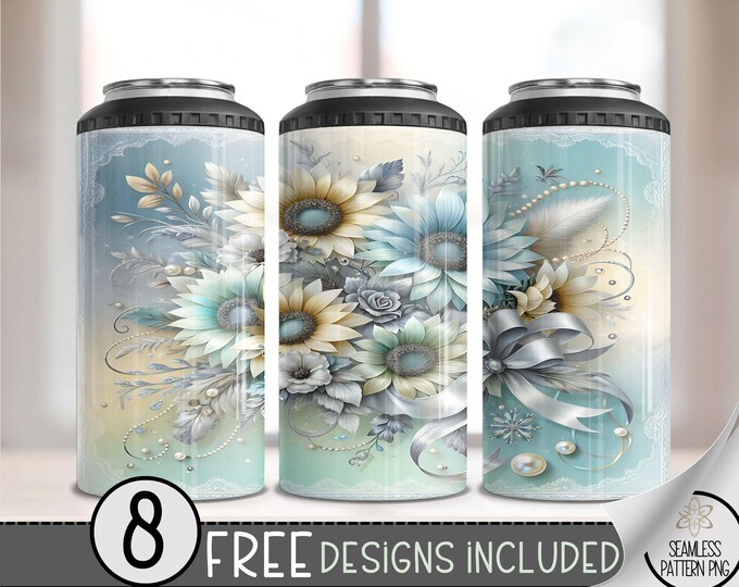 Blue Coquette Sunflowers 4 in 1 Can Cooler Wrap, Grandmillenial 4in1 Tumbler PNG,  Blue Bow Glitter 16 Oz Can Cooler Sublimation Design