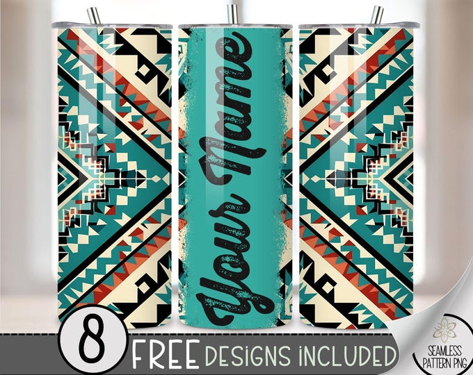 Add Your Own Name Vibrant Southwestern Tumbler Wrap, 20 oz Western Tumbler File, Digital Aztec Tumbler Wrap Design Download, Boho Cowgirl