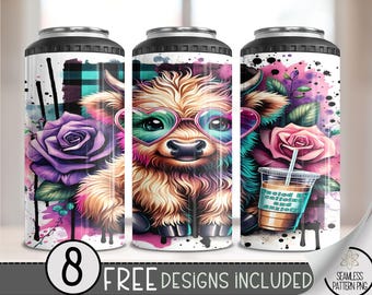 Anxiety 4in1 Can Cooler Wrap, Highland Cow 4 in 1 Tumbler PNG, Funny Fueled By Caffeine & Anxiety 16 Oz Can Cooler Sublimation Design File