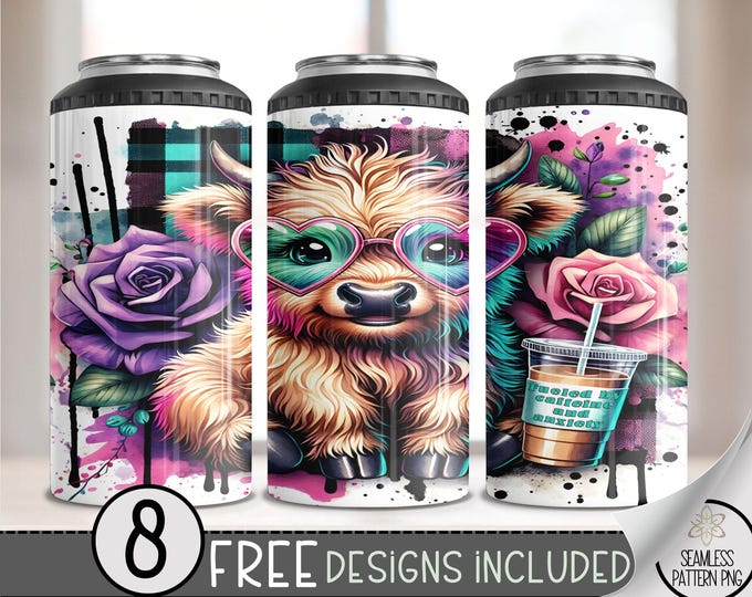 Anxiety 4in1 Can Cooler Wrap, Highland Cow 4 in 1 Tumbler PNG, Funny Fueled By Caffeine & Anxiety 16 Oz Can Cooler Sublimation Design File