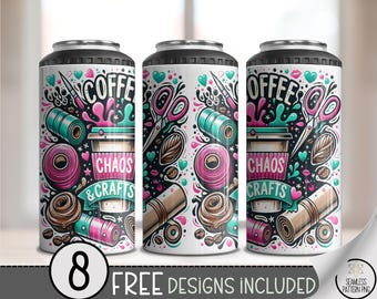 Coffee Chaos & Crafts 4-in-1 Can Cooler Wrap PNG, Sublimation Design for Crafty Coffee Lovers, Bright Cupcake and Vinyl Art, A320