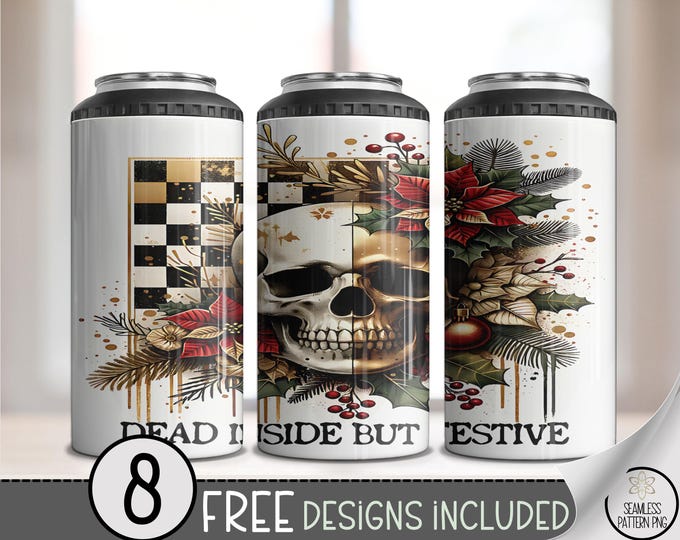 Moody 4in1 Can Cooler Wrap, Festive Skull Checkerboard Design, Dark Roses, Modern Graphic Sublimation Art, Instant Digital Print, A477