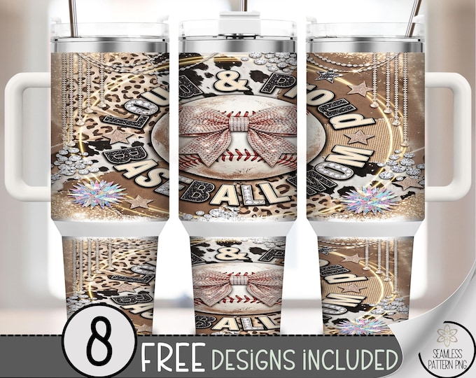 Baseball Mom 40 oz Tumbler Wrap, Baseball Game Day Sublimation Design, Glittery Bow PNG Files, Rhinestone Tumbler Design, B10133