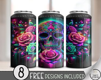Neon Glow Skull 4 in 1 Can Cooler Wrap PNG, Spooky Digital Download, Vibrant Sublimation Design, A588