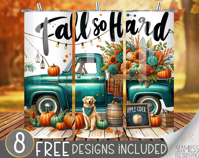Fall so Hard Tumbler Wrap, Vintage Truck Pumpkin Design, Golden Retriever Autumn 20oz Sublimation PNG, Cozy Fall Leaves,Rustic Fall Wrap PNG