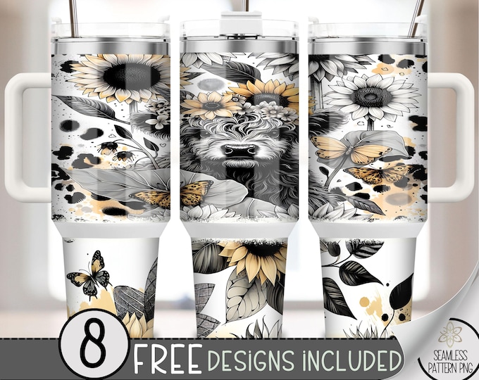 Black and White Highland Cow Flower 40 oz Sublimation Design,Baby Highland Cow Sunflowers 40oz Quencher Tumbler PNG,Spring Highland Cow A210