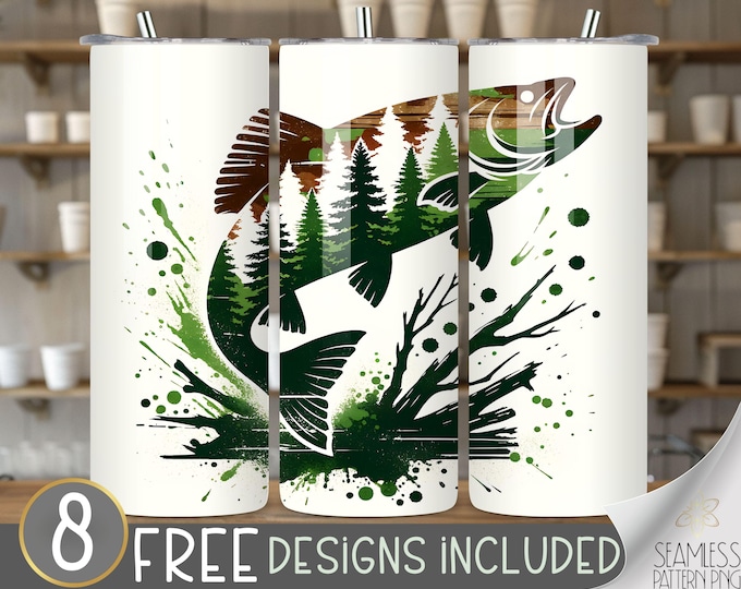 Fish Tumbler Wrap, Fish Silhouette 20 oz Tumbler Sublimation Designs, Forest Fish Tumbler File, Large Mouth Bass Tumbler Design, Splash Fish