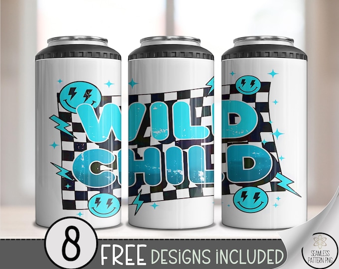 Wild Child 4in1 Can Cooler Wrap, Playful Sublimation Design, Bold 16 oz 4-in-1 File with Edgy and Retro Skater Vibe A648