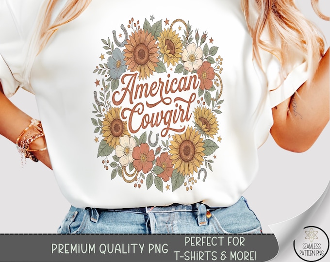 American Cowgirl PNG, Country Floral T-Shirt Sublimation Design, Vintage Americana Digital Download, B10057