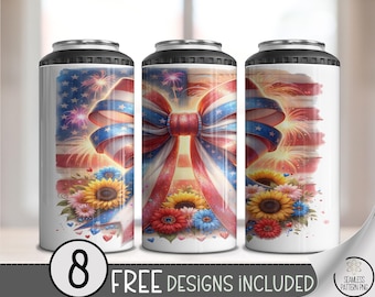 4-in-1 Can Cooler Wrap PNG, 4in1 Red White Blue Patriotic Bow, 16oz Skinny Can Flowers, Fireworks, & Flag Sublimation Wrap,Coquette Bow A280