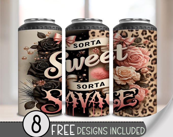 Sorta Sweet Sorta Savage 4-in-1 Can Cooler Wrap PNG, Glam Leopard Floral Design for Can Coolers, Edgy Sublimation Print PNG A252