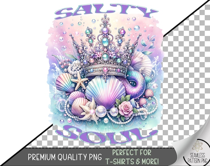 Salty Soul Sublimation PNG, Mermaid Crown Pastel Beach Sublimation Design, Ocean Girl Clipart, Coastal Summer Sublimation File A251