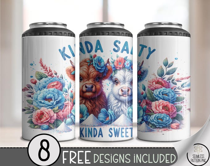 4-in-1 Tumbler Wrap Kinda Salty Kinda Sweet PNG, Highland Cow and Llama Can Cooler Design, Floral Sublimation Wrap, Cute Animal PNG, A360