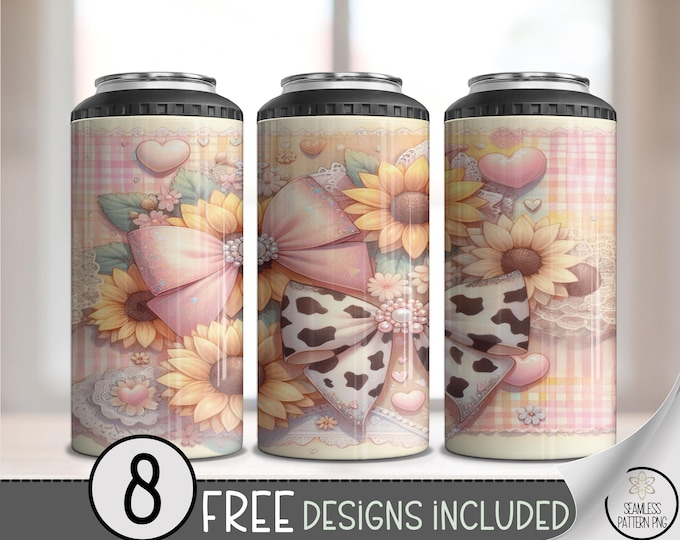 Cow Bow Sunflower 4-in-1 Can Cooler Wrap PNG, Pink Western Country Gingham Tumbler Design, Sublimation for Cowgirls & Moms, A386