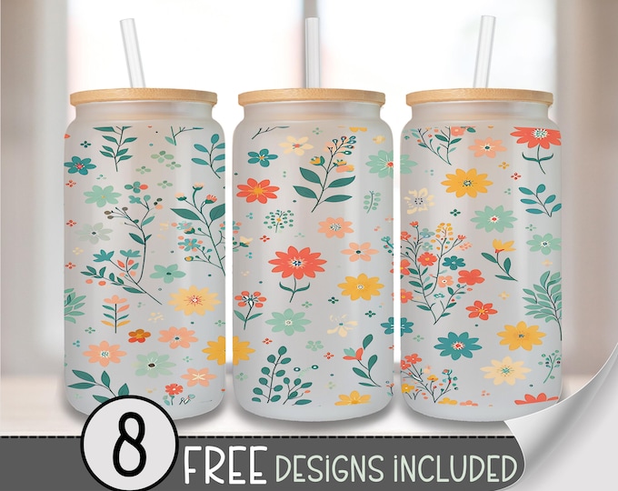 Wildflower Glass Wrap, Dainty Floral 16 Oz Glass Can Wrap PNG, Shabby Chic 16 oz PNG, Boho Floral Glass Can Sublimation Wrap Design, A227