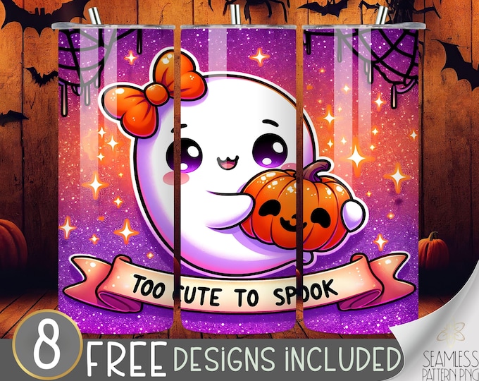 Too Cute To Spook Tumbler Wrap, Halloween Ghost Pumpkin Sublimation, Cute 20oz Skinny Tumbler Design PNG, Cute Halloween Sublimation Wrap
