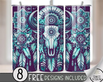 Aztec Cow Skull Tumbler Wrap, Southwest 20oz Skinny Tumbler Sublimation Design, Western Tumbler Wrap File, Seamless Digital Download PNG