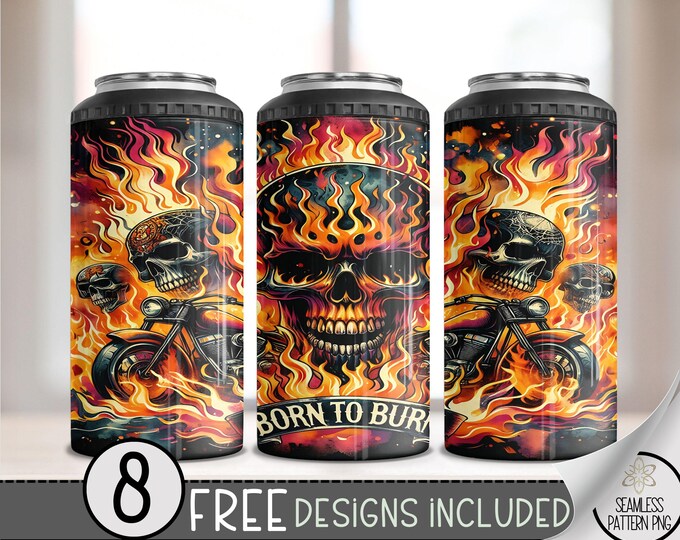 Motorcycle Can Cooler Wrap, Flaming Skull 16 oz 4-in-1 Cooler Sublimation, Biker Design File, Skeleton Can Cooler PNG Wrap, Ride Or Die