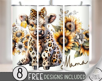 Highland Cow Mama 20oz Skinny Tumbler Sublimation Design, Sunflower Tumbler Wrap File PNG, Floral Mama Sublimation File, Leopard Cow A148