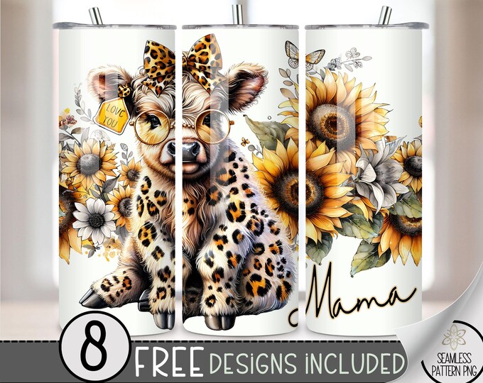 Highland Cow Mama 20oz Skinny Tumbler Sublimation Design, Sunflower Tumbler Wrap File PNG, Floral Mama Sublimation File, Leopard Cow A148