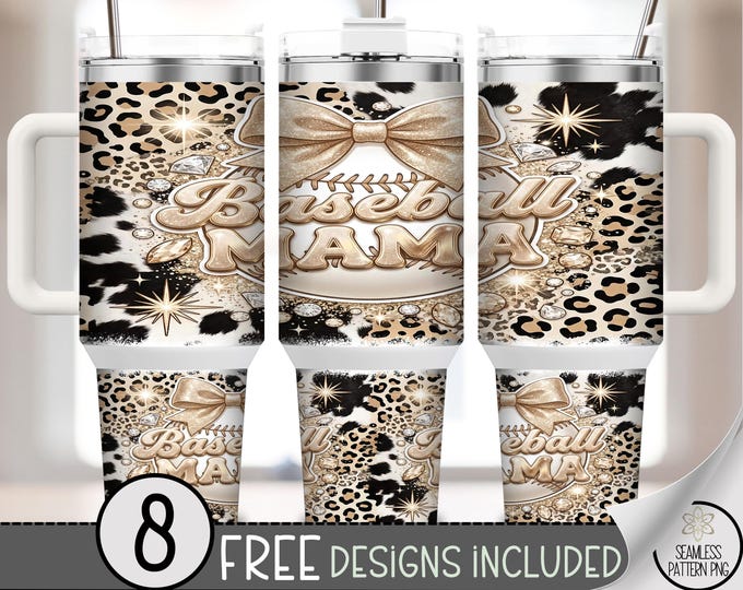 Baseball Mama 40 oz Tumbler Wrap, Coquette Bow Sublimation Design, Glitter & Rhinestone Bow PNG Files, B10055
