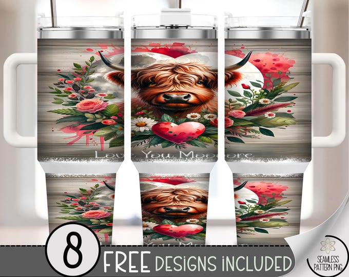 Sweet Highland Cow 40 oz Tumbler Wrap PNG, Romantic Design, Digital Download, Cute Sublimation, A673