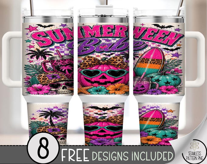 Summerween Babe 40 oz Tumbler Wrap, Halloween Beach Sublimation Design, Retro Neon PNG, Digital Download, B10402