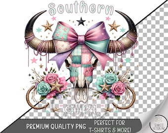 Boho Sublimation Design, Girly Longhorn Skull UV DTF Graphic, Rustic Pastel Clip Art with Plaid Bow and Turquoise Accents Digital Print A512