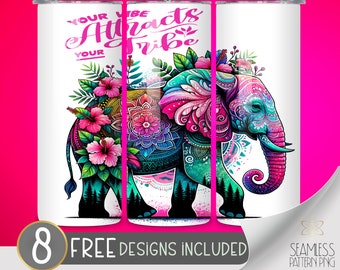 Your vibe attracts your vibe tumbler wrap, Tropical Sublimation design, hibiscus mandala tumbler wrap, elephant 20oz skinny tumbler wrap PNG