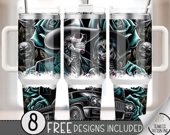 LA Chicano Cholo Couple 40oz Tumbler Wrap, Chicano Style Lowrider Tumbler Sublimation Design, LA Sugar Skull 40oz Large Tumbler Wrap PNG