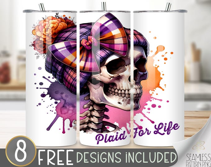 Skeleton Tumbler Wrap, Halloween Tumbler Wrap, Plaid For Life Tumbler Sublimation Design, Sassy Tumbler Wrap, Skull 20 Oz Tumbler Design