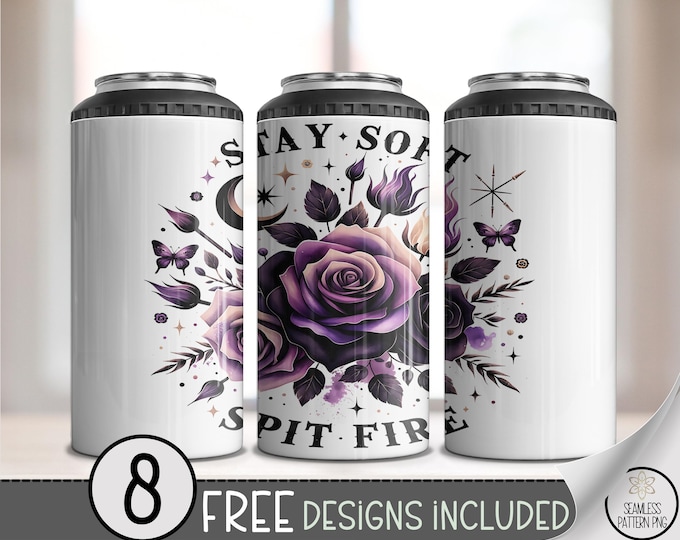 4-in-1 Can Cooler Wrap PNG, Stay Soft Spit Fire Purple Rose Floral Wrap, Witchy Feminine Sublimation PNG, Instant Download, A325
