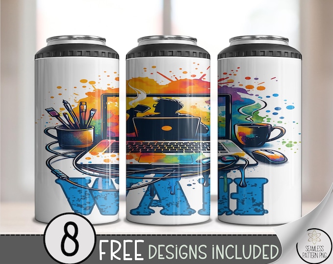 Work At Home 4in1 Can Cooler Wrap, Bold Artistic Sublimation Design, Modern Home Office 16 oz 4-in-1 File, Digital Design, A848