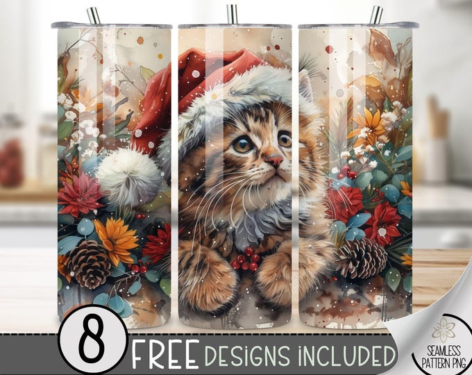 Christmas Cat Tumbler Wrap, Winter Sublimation Design, Xmas 20 Oz Skinny, Cute Christmas Tumbler Wrap PNG, Adorable Christmas PNG Tumbler