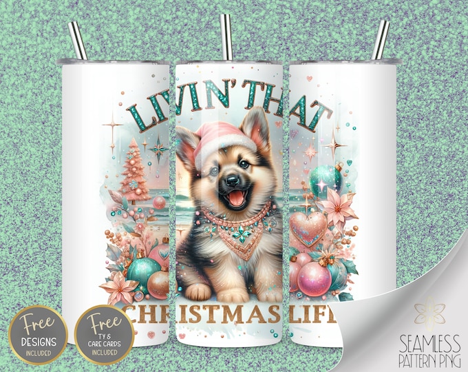 German Shepard Puppy, 20 oz Straight Tumbler Wrap Sublimation, Xmas  Tumbler Design Files, Christmas At The Beach Instant Download PNG