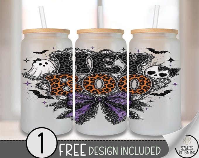 Halloween Glass Can Wrap, HEY BOO 16oz Tumbler Sublimation Design, Gothic PNG File, B10195