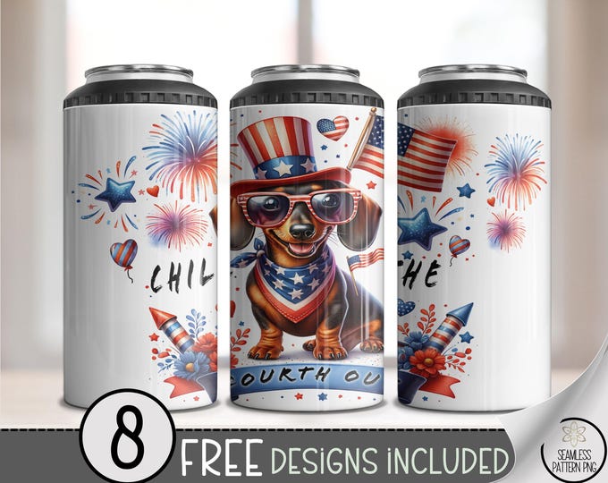 Chill the Fourth Out 4-in-1 Can Cooler Wrap PNG, Cute Dachshund with Fireworks, Red White Blue Dog Sublimation July 4th Drink Wrap, A295