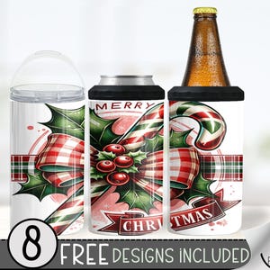 Seamless Christmas 4in1 Can Cooler Wrap, Merry Christmas 16 Oz Can Cooler Sublimation Design Candy Cane 16 oz Holiday 4 in 1 Tumbler Wrap