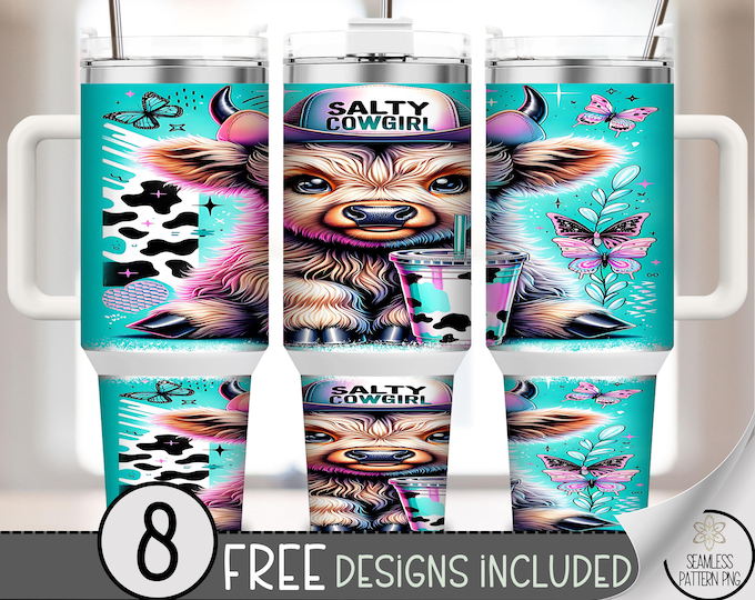 Salty Cow 40 Oz Tumbler Wrap, Cute Highland Cow Sublimation Design, Trendy Design, PNG, B969