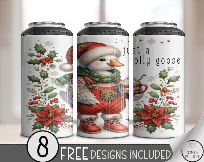 Just A Jolly Goose 4in1 Can Cooler Wrap, Cute Farmhouse Holiday Design, Cheerful Duck in Christmas Sweater Sublimation Design, A505