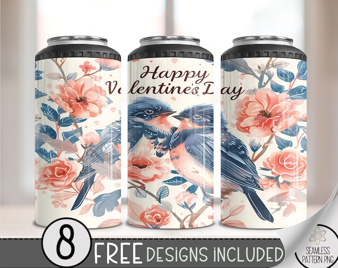 Bird Valentine 4in1 Can Cooler Wrap, Winter Sublimation Design, Vday 16 Oz Slim, Cute 4 in 1 Tumbler PNG, Valentines 16 Oz Can Cooler