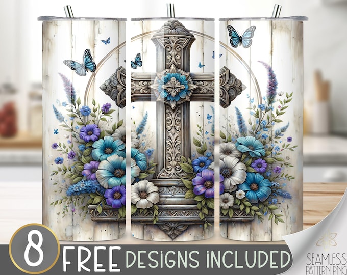 Floral Christian Cross Tumbler Wrap, Cross Sublimation Design PNG, Religious Tumbler Wrap Design, Religious 20oz Skinny Tumbler,Faith Design