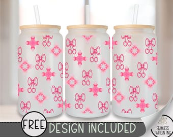 Cherry Bow Glass Can Wrap PNG, Cute 16 oz Tumbler Wrap Sublimation, Pink Fruit Pattern PNG, Girly Aesthetic Cup Wrap, Retro Bow Design A276