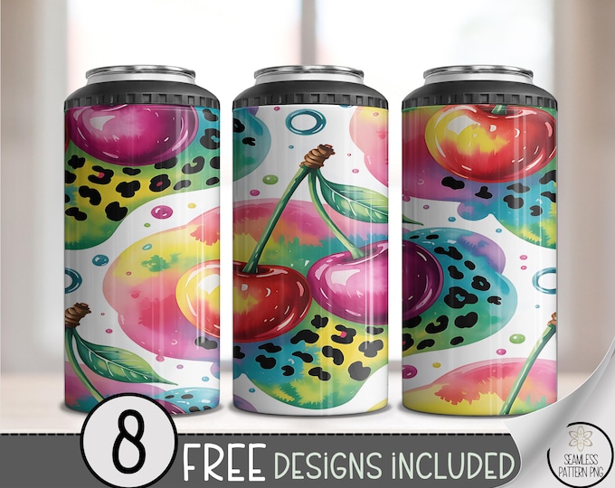 Cherries PNG 4-in-1 Can Cooler Wrap, Seamless Fruit Sublimation Design, Rainbow Leopard Digital Download, B939