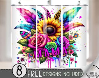 Trendy Mama Sunflower Tumbler Wrap, 20 oz Tumbler PNG Mother's Day Sublimation Design Neon Leopard Skinny Tumbler Mom Life Png, A135