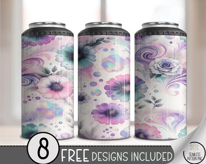 Watercolor Floral 4in1 Can Cooler Wrap, Dreamy Pastel Sublimation Design, Soft Pink Purple Blue Flowers PNG, Abstract Splashes A569