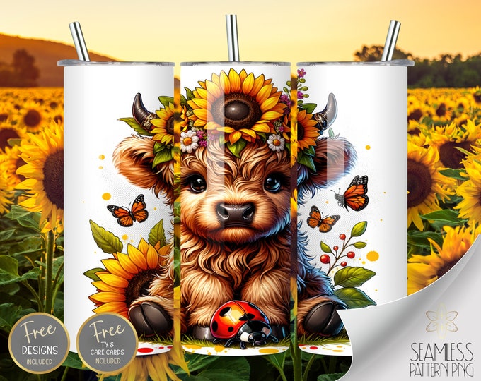 Cute Highland Cow Tumbler Wrap Sublimation, Ladybug & Sunflower Skinny Tumbler Design Files, Butterfly 20 oz Straight Tumbler Wrap,